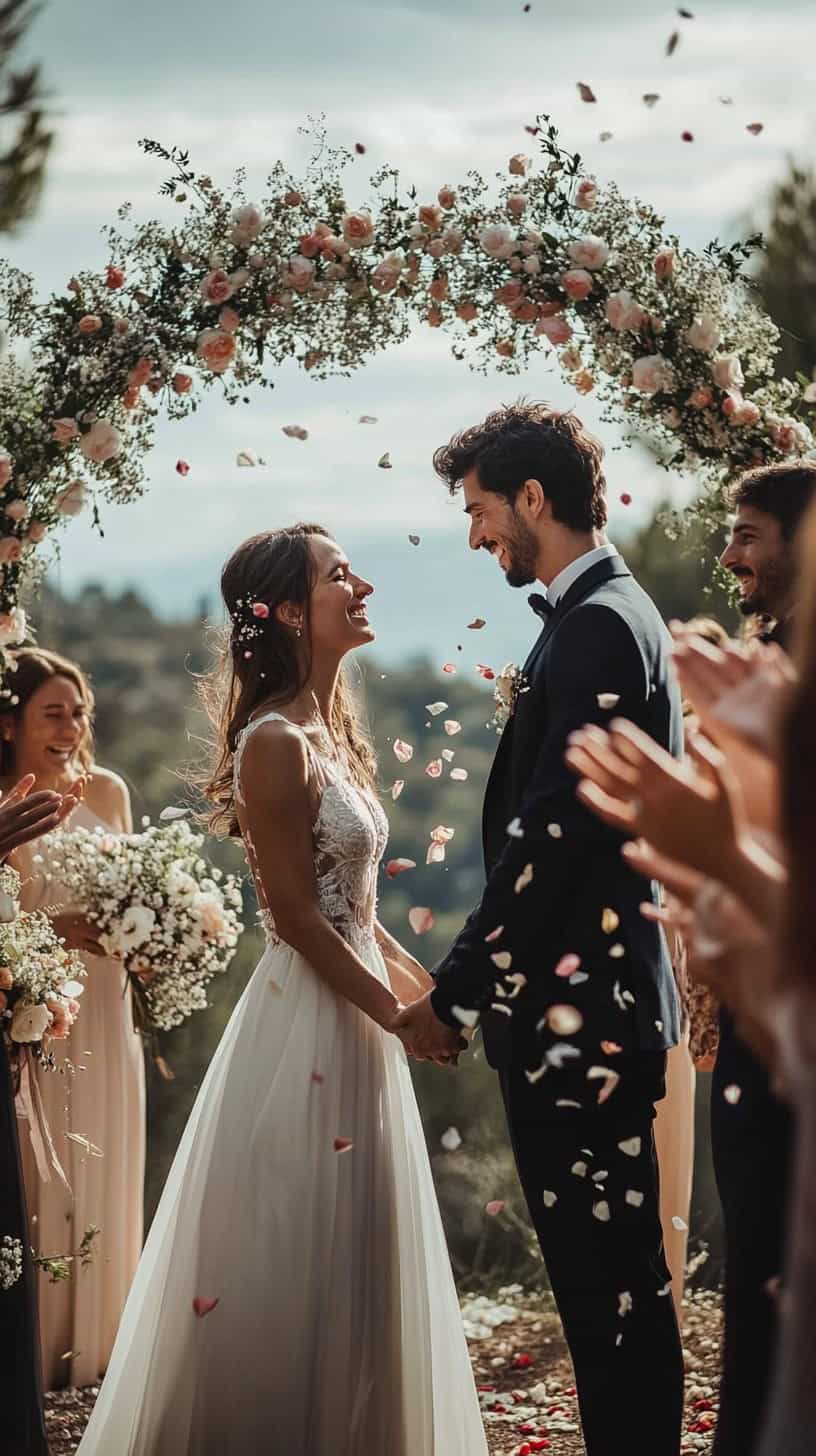 Hochzeitspaar schaut sich lächelnd an